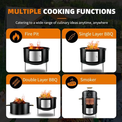 17" BBQ Smoker Grill Built in Thermometer Air Vent and adding charcoal door Multi-Layer heavy duty Meat Smoker Grill