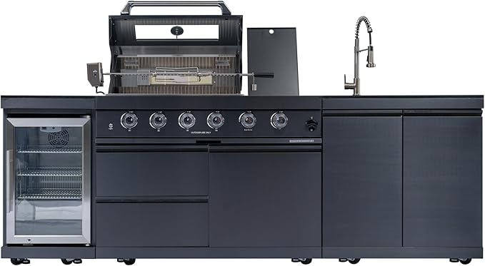 104-Inch Modular Outdoor Kitchen Island: 4-Burner 72000 BTU Gas Grill with Stainless Steel Sink, Wine Cooler Refrigerator, Granite Countertop, Rotisserie Kit, 304 Stainless Steel BBQ Bar Center