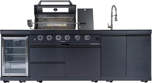 104-Inch Modular Outdoor Kitchen Island: 4-Burner 72000 BTU Gas Grill with Stainless Steel Sink, Wine Cooler Refrigerator, Granite Countertop, Rotisserie Kit, 304 Stainless Steel BBQ Bar Center