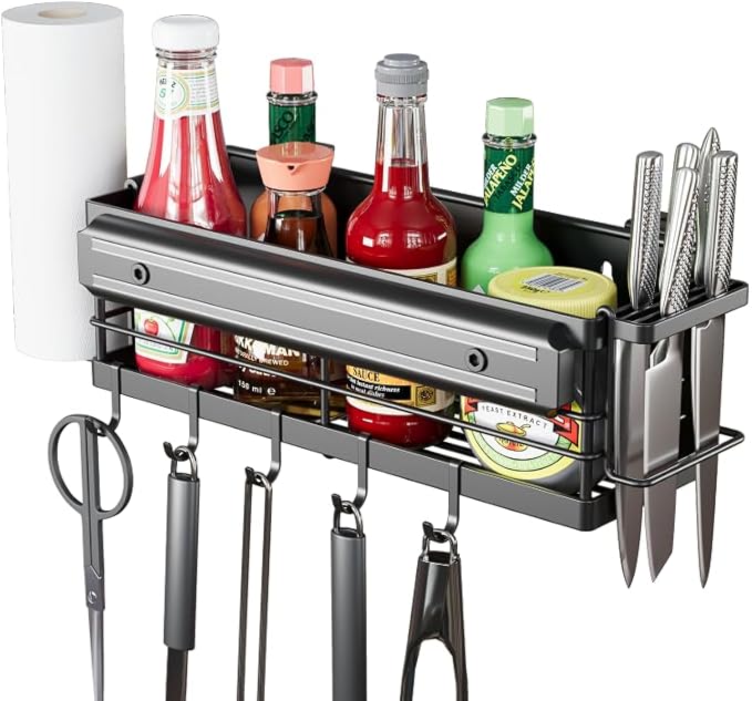 LIVOD Griddle Caddy - Magnetic Tool Holder for Blackstone Grills (17"-36") with Paper Towel Holder & Knife Rack