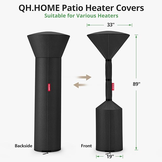 QH.HOME Patio Heater Covers, [2026 Upgraded Tear-Resistant Fabric] Waterproof with Robust Zipper,Dustproof/Wind/Sunlight/Snow-Resistant, (89"H x 33"D x 19"B ,Black)