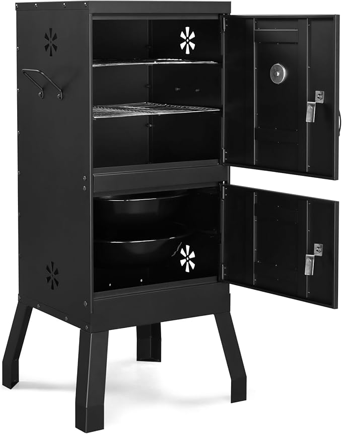 Portable Grill Cooker, BBQ Smoker Grill, Outdoor Smoker Cabinet with Double Doors, Detachable Grill Netting Smoking Racks, Charcoal Pan & Water Pan, Charcoal Smoker for Barbecue Camping Backyard Grill