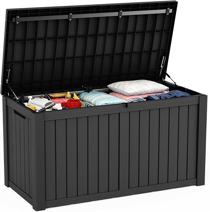 ROJIK Outdoor Storage Box, 180 Gallon Waterproof Resin Deck Box with Hydraulic Lid, Large Lockable Storage Bin UV-Resistant for Patio Furniture Cushions, Garden Tools, Pool Accessories, Black