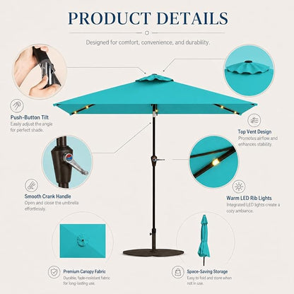 6.5 x 10ft Rectangular Patio Umbrella with Solar Lights, 16 LED Lighted Market Umbrella with Push-Button Tilt and Crank, 6 Sturdy Iron Ribs for Garden, Deck, Pool, Turquoise Blue