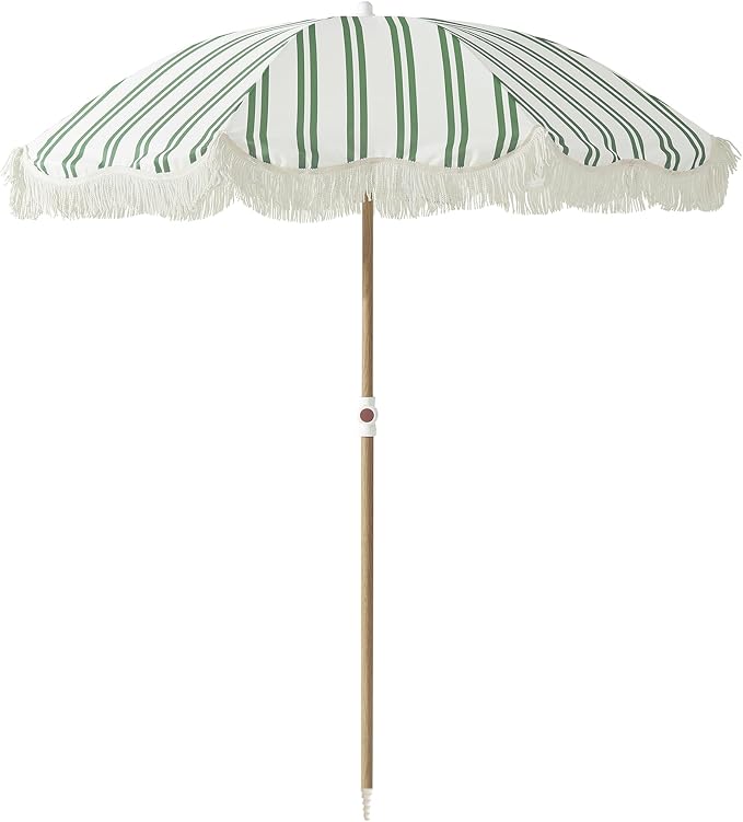 6FT Striped Fringe Beach Umbrella, Sand Anchor, UPF 50+ Sun Shade | Adjustable Tilt & Portable Design, Coastal Umbrella for Beach & Patio, Heritage Ocean Cypress Stripe