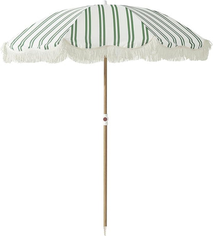 6FT Striped Fringe Beach Umbrella, Sand Anchor, UPF 50+ Sun Shade | Adjustable Tilt & Portable Design, Coastal Umbrella for Beach & Patio, Heritage Ocean Cypress Stripe