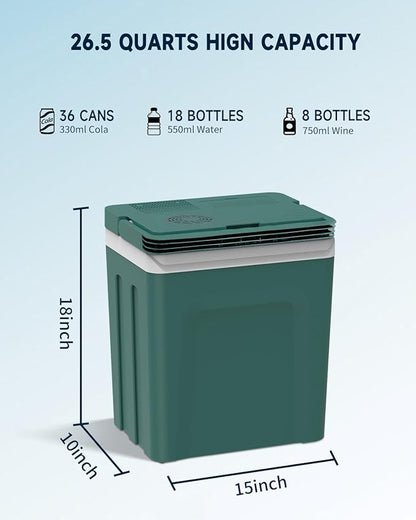 SubSun 27 Quart Electric Cooler and Warmer with Handle, Portable Thermoelectric Fridge, Car Fridge Cooler with 12V DC & 110 AC for Camping, Travel & Picnics, Green