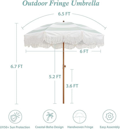 AMMSUN Boho Fringe Umbrella Outdoor Patio, 6.5ft UPF50+ Picnic Umbrella with Tassels with Steel Pole and Push Button Tilt, Vintage Green Stripe