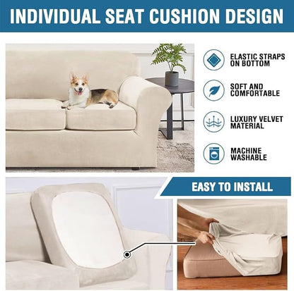 H.VERSAILTEX 3 Piece Stretch Sofa Covers Couch Covers for 2 Cushion Couch Loveseat Covers Width Up to 72 Inch Feature Thick Soft Stay in Place (Medium Sofa, Cream)