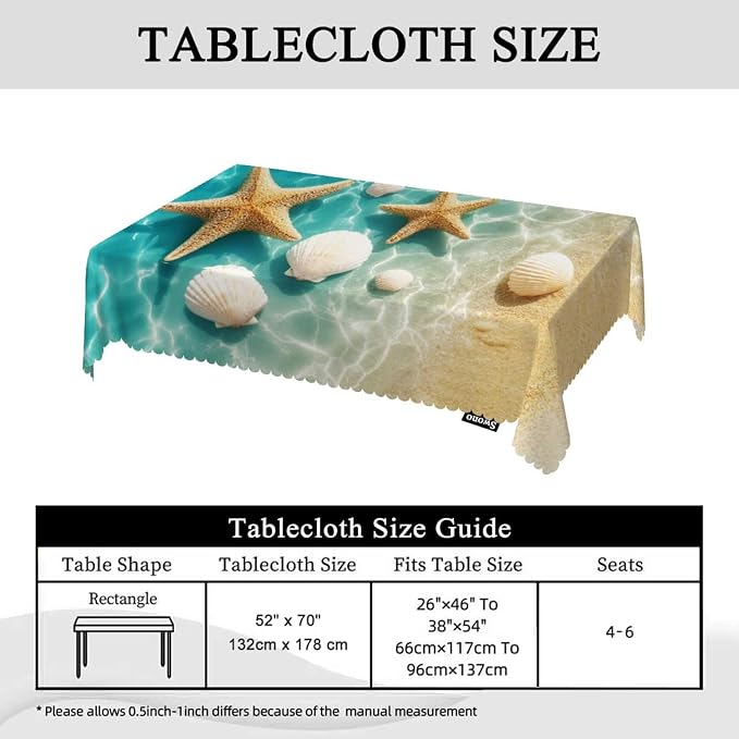 Swono 52x70 Inch Ocean Beach Tablecloth Summer Starfish and Seashell Ocean Sea Farmhouse Dining Table Cloth Anti-Stain Talking Table Cover for Kitchen Dinning Room Coffee Store