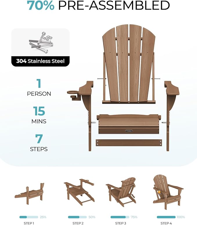 Ciokea Folding Adirondack Chair 2 Pack, Patio Adirondack Chair Weather Resistant, Plastic Fire Pit Chair with Cup Holder, Lawn Chair for Outdoor Porch Garden Backyard Deck (Teak)