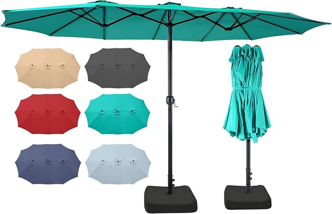 15ft Patio Umbrella with Base, 10-Year-No-Fade Large Outdoor Double-Sided Market Umbrella with UPF50+Terylene Polyester Fabric and Crank for Poolside Garden Deck Backyard Beach Pools