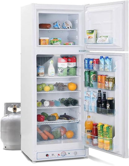 SMETA Propane Refrigerator, 2-Way Fridge with Freezer 9.4 Cu.Ft, 110V/Gas LPG Large Storage Refrigerator for Off-Grid, RV, Garage, Outdoor, Apartment Size, Reversible Door, Ultra-Quiet, White