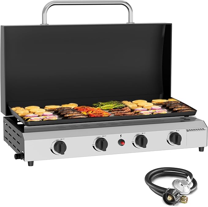 SKOK 4 Burner Gas Griddle with Hood- 30 Inch Outdoor Propane Griddle-60000 BTU Propane Fuelled, Portable Flat Top Gas Grill Camping Griddle with Lid for Kitchen, Outdoor BBQ, Camping
