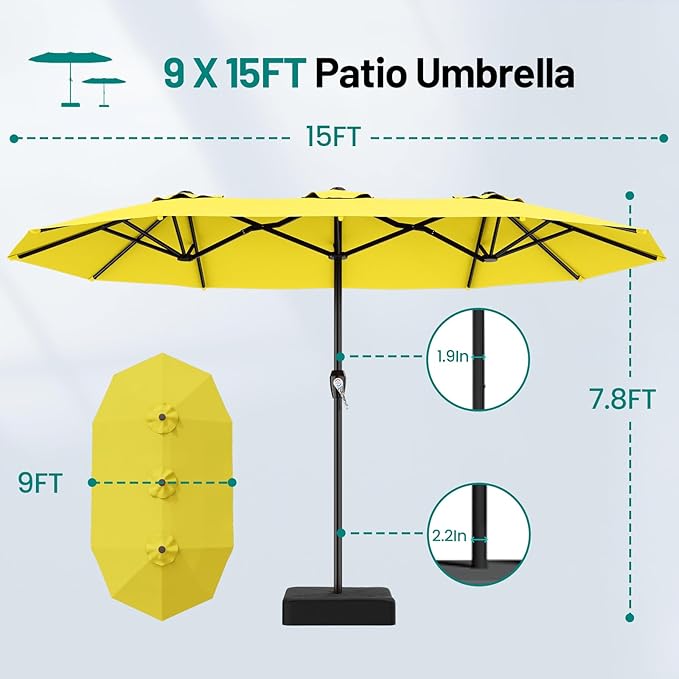 AreShark 15FT Outdoor Patio Umbrella with Crank, Large Rectangular Market Umbrella, Double-Sided Outdoor Umbrellas with Cross Base & Sandbag for Porch, Lawn, Pool, Backyard, Yellow