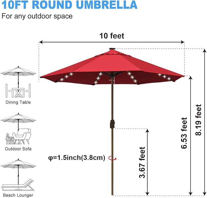 Eurmax USA 10-Year-Non-Fading 10FT Outdoor Patio Market Umbrella with LED Lights,UPF50+ UV Resistant,Heavy Duty Commercial Grade,Crank Lift Design,Windproof Vented Top for Garden,Pool,Deck,Logo Red