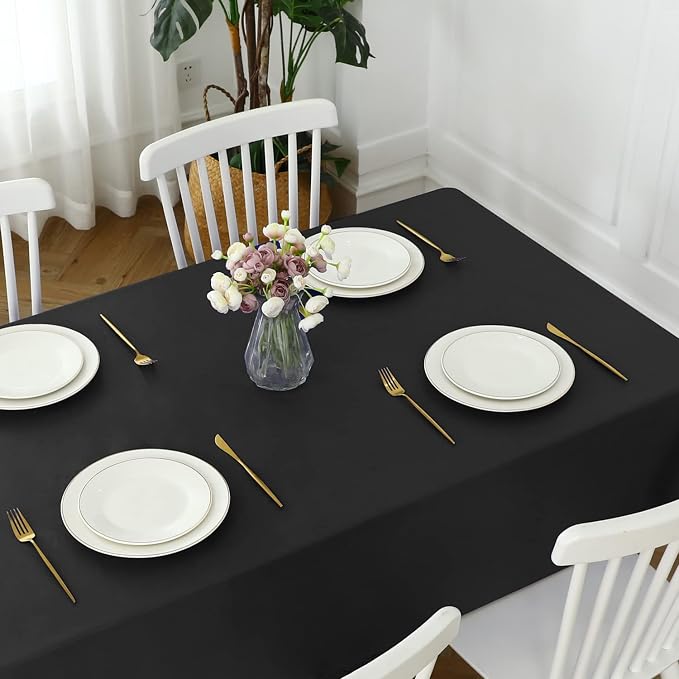 Romanstile 100% Waterproof PVC Tablecloth, Rectangle Oil Spill Proof Stain Resistant Vinyl Table Cloth, Wipe Clean Plastic Table Covers for Kitchen/Dining/Parties - 60 x 102 Inch, Black