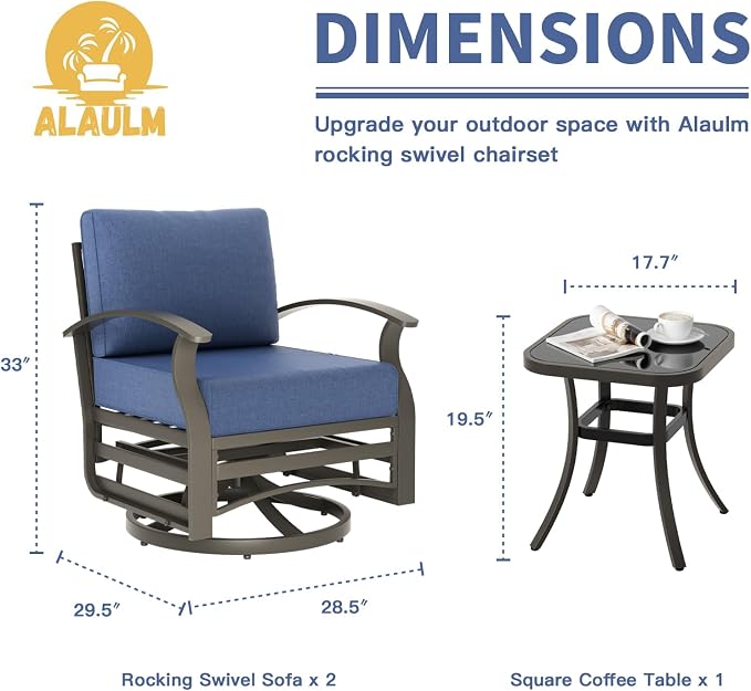 ALAULM 3 Piece Aluminum Outdoor Swivel Chairs High Back Metal Swivel Rocking Chairs with 5.1" Sponge Cushions &1 Coffee Table for Patio, Porch, Backyards, Garden(DarkBlue)