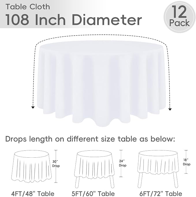 12 Pack White Round Tablecloth 108 Inch | For 4Ft-6Ft Round Table, Wrinkle Resistant Table Cloth, Washable Polyester Fabric, For Wedding Party Banquet Buffet Camping