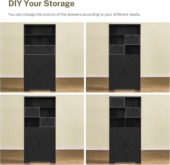 Storage Cabinet with Doors & 2 Drawers, Kitchen Cabinet with Adjustable Shelf, Pantry Cabinets, Bathroom Cabinets, for Living Room, Entryway, Home Office, Black