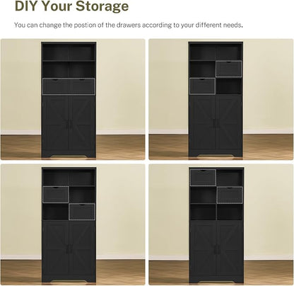 Storage Cabinet with Doors & 2 Drawers, Kitchen Cabinet with Adjustable Shelf, Pantry Cabinets, Bathroom Cabinets, for Living Room, Entryway, Home Office, Black