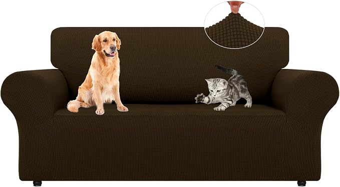 LURKA Stretch Loveseat Couch Cover, 1 Piece 2 Cushion Sofa Slipcover, Brown | Soft Stretch Jacquard, Fits 55"-78" Loveseats, Elastic Bottom for Secure Fit, Machine Washable, Pet & Kid Friendly