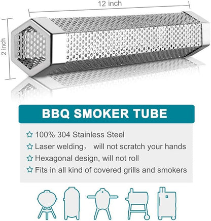 2pcs Smoker Tube 12in Pellet Smoker Tube Stainless Steel Smoke Tube for Hot or Cold Smoking 5 Hours of Billowing smoke Portable BBQ Smoking tube Generator Electric Charcoal Gas Grill Smoker
