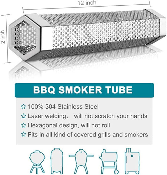 2pcs Smoker Tube 12in Pellet Smoker Tube Stainless Steel Smoke Tube for Hot or Cold Smoking 5 Hours of Billowing smoke Portable BBQ Smoking tube Generator Electric Charcoal Gas Grill Smoker