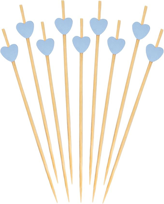 BambooMN 5.9 Inch Blue Heart Bamboo Food and Drink Pick Skewers for Catered Events, Holiday's, Restaurants or Buffets Party Supplies, 100 Pieces