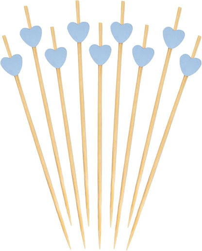 BambooMN 5.9 Inch Blue Heart Bamboo Food and Drink Pick Skewers for Catered Events, Holiday's, Restaurants or Buffets Party Supplies, 100 Pieces