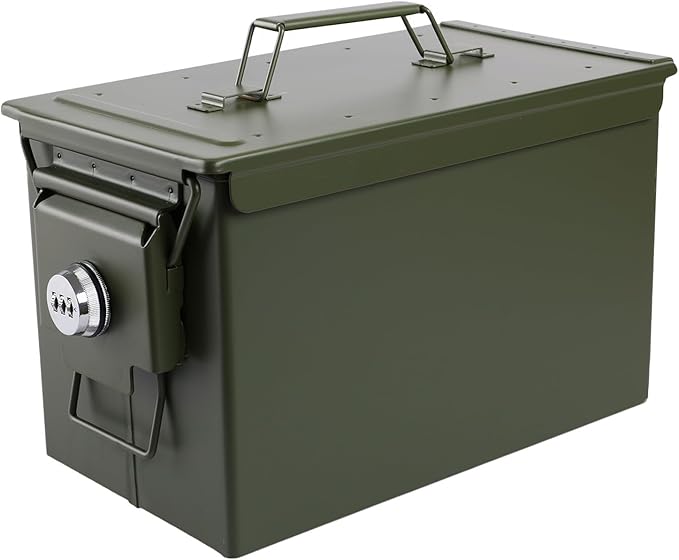 Ammo Can&Ammo Box, Fireproof & Waterproof Metal Storage Box - Perfect for Ammo, Lithium Batteries & RC Car Batteries (Round Lock, Green-12.8 * 7.4 * 6.1")