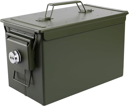Ammo Can&Ammo Box, Fireproof & Waterproof Metal Storage Box - Perfect for Ammo, Lithium Batteries & RC Car Batteries (Round Lock, Green-12.8 * 7.4 * 6.1")