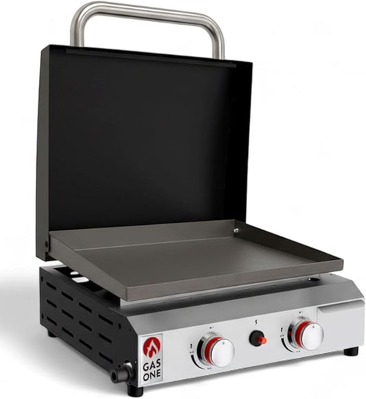 GasOne Flat Top Gas Grill with Lid – Auto Ignition Propane – Premium Stainless Steel Body Tabletop with Pre Season Griddle – Oil Drip Tray – for RV, Camping