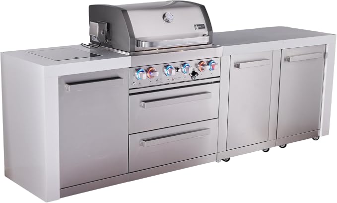 Mont Alpi Premium 107"W x 23"D Deluxe Stainless Steel Modular Outdoor Kitchen Island with Infrared Side Burner + 32"W 4-Burner BBQ Gas Grill + White Granite Countertops + Storage Cabinets + Cover