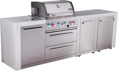 Mont Alpi Premium 107"W x 23"D Deluxe Stainless Steel Modular Outdoor Kitchen Island with Infrared Side Burner + 32"W 4-Burner BBQ Gas Grill + White Granite Countertops + Storage Cabinets + Cover