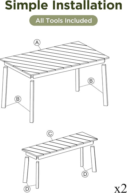 3 Pieces Acacia Wood Table with 2 Benches Dining Set Outdoor Indoor Furniture, Picnic Beer for Patio, Porch, Garden, Poolside - Natural