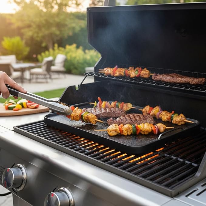 CUSIMAX Stove Top Griddle Pan, 14.96" x 8.66" Aluminum Non-stick Grill & Griddle Pan with Stainless Steel Handles, Flat Top Grill for Gas Stove/Charcoal Grills/Indoor&Outdoor Grill or Campfire