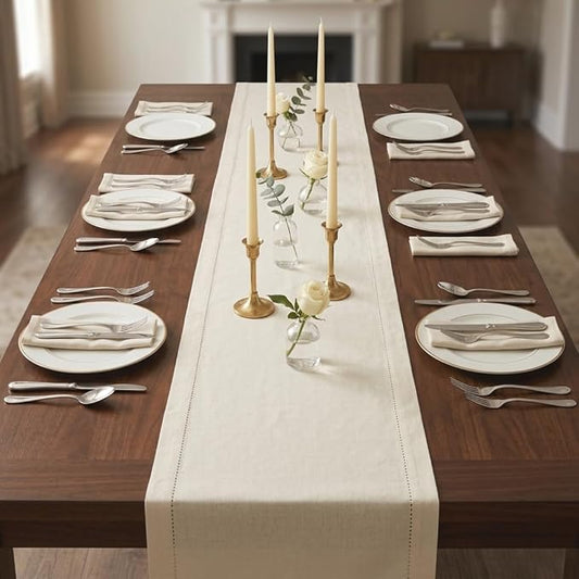Urban Villa Christmas TableRunner 100% Cotton Fused Table Runner 14''x 72'' Over Sized Hemstitch Ivory Table Runner Every Day Use Heavier Quality TableRunner