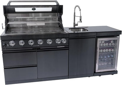 6 Burner Outdoor Kitchen Island with Grill, 85000 BTU Deluxe Stainless Steel Modular Outdoor Kitchen, Gas Propane BBQ Island with Refrigerator, Sink, Rotisserie, 85"W, Black
