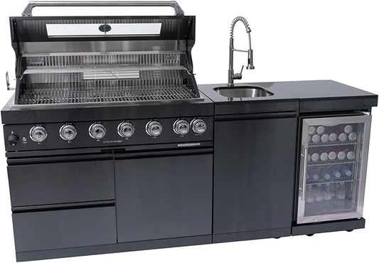6 Burner Outdoor Kitchen Island with Grill, 85000 BTU Deluxe Stainless Steel Modular Outdoor Kitchen, Gas Propane BBQ Island with Refrigerator, Sink, Rotisserie, 85"W, Black
