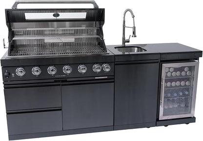 6 Burner Outdoor Kitchen Island with Grill, 85000 BTU Deluxe Stainless Steel Modular Outdoor Kitchen, Gas Propane BBQ Island with Refrigerator, Sink, Rotisserie, Storage Cabinet, Black