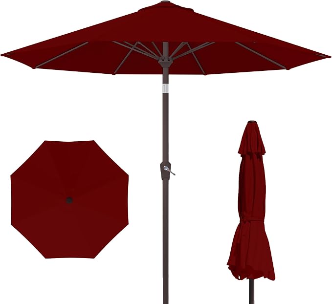 Kingdura 9FT Outdoor Patio Umbrella, Round Market Table Umbrella with Push‑Button Tilt and Crank Lift, 8 Sturdy Metal Ribs, UV50+ Protection Canopy for Backyard, Lawn, Deck, Poolside, Garden (Dark red)
