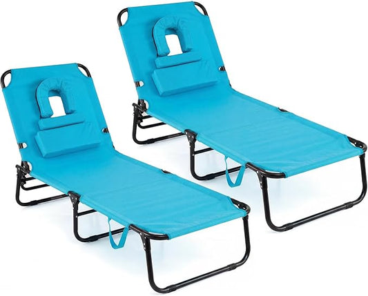 GYMAX Tanning Chair, Folding Lounge Chairs with Face Hole & Cover, Removable Pillow Carry Handle, Portable Compact Outdoor Layout Recliner for Beach, Poolside, Lawn, Patio, Camping (Turquoise,2)
