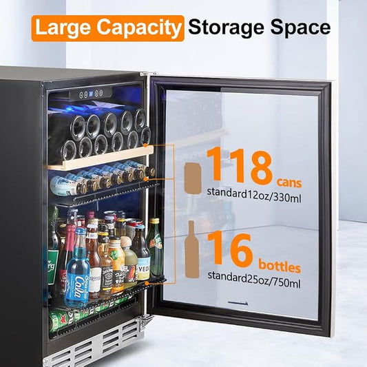 Kalamera 24 inch Beverage and Wine Cooler 118 Cans & 16 Bottles Capacity | Built-in or Freestanding Mini Fridge, Wine Refrigerator Cooler with Interior Light