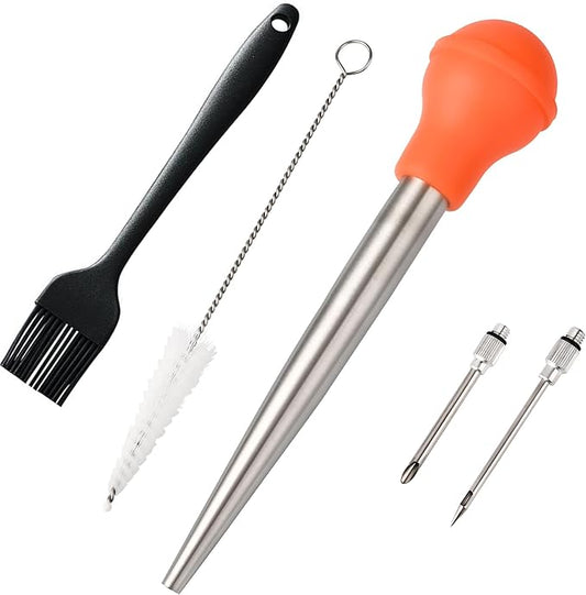 Turkey Baster, Baster Syringe for Cooking, Stainless Steel Turkey Baster with Silicone Bulb, Baster with Cleaning Brush &BBQ Brush&Marinade Needles, Baster for Home Baking&Kitchen Orange