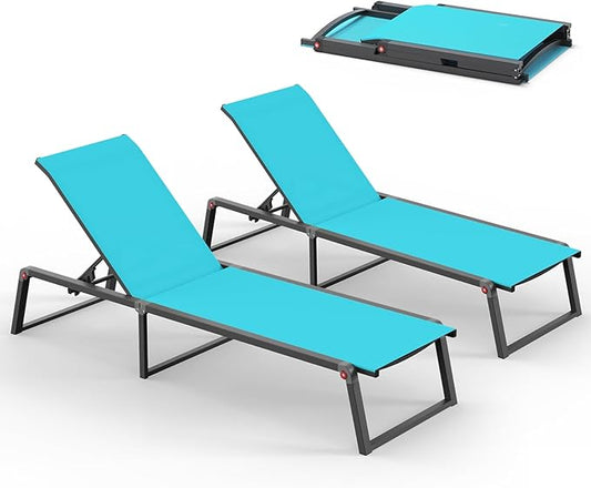 Aluminum Chaise Lounge Chair Outdoor, Foldable& No Assembly Patio Pool Lounge Chairs 5-Position Recliner for Outside, Fully Grounded Legs Sun Lounger for Poolside, Lake Blue, 2 Pack