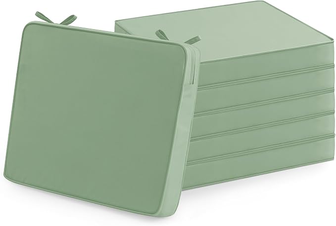 Outdoor Chair Cushions Set of 6: Waterproof & Color Fastness Seat Cushion for Patio Furniture - 22 x 22 x 3 Inch Chair Pads with Ties and Hidden Zipper - Patio Chair Cushion Replacement, Sage Green