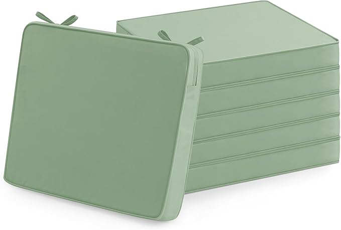 Outdoor Chair Cushions Set of 6: Waterproof & Fade Resistant Deep Seat Cushion for Patio Furniture - 24 x 24 Inch Chair Pad with Ties and Hidden Zipper - Patio Chair Cushion Replacement, Sage Green