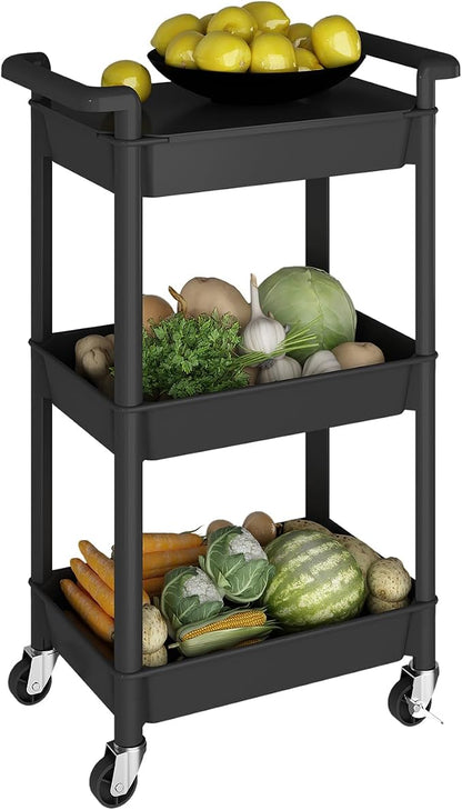 Steehoom 3-Tier Utility Rolling Cart with Cover Top Board, Mobile Utility Cart with Lockable Casters Multi-Functional Storage Trolley for Office, Bathroom, Kitchen, Garden, Laundry Room (Black)