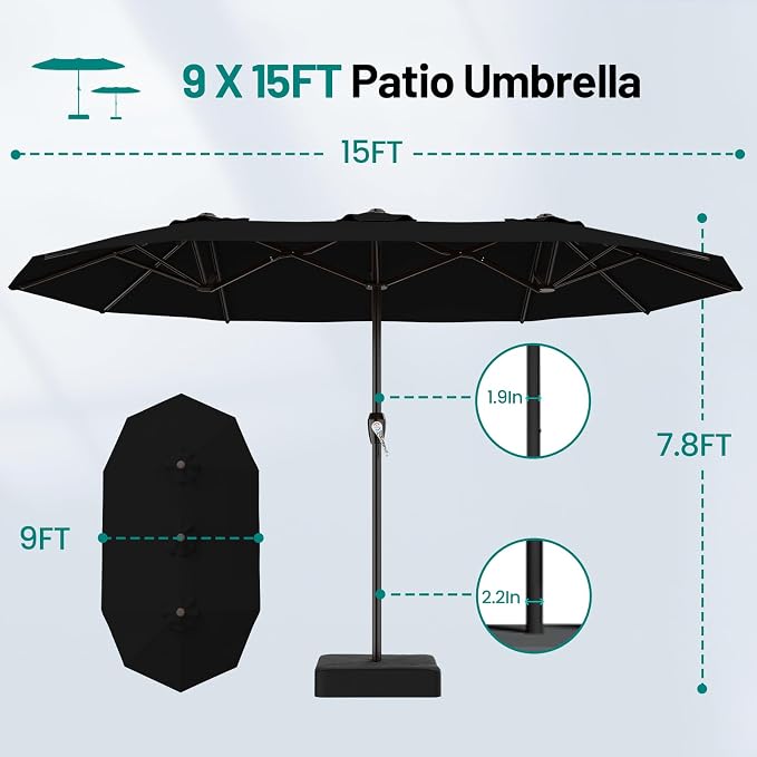 AreShark 15FT Outdoor Patio Umbrella with Crank, Large Rectangular Market Umbrella, Double-Sided Outdoor Umbrellas with Cross Base & Sandbag for Porch, Lawn, Pool, Backyard, Black